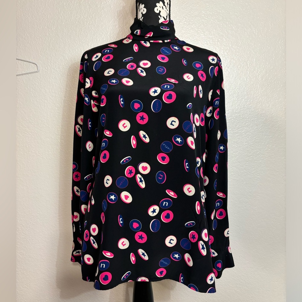 VTG Ungaro Solo Donna High Neck Blouse Unique Print Black SILK Women’s Size 10